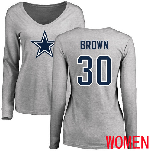 Women Dallas Cowboys Ash Anthony Brown Name and Number Logo Slim Fit #30 Long Sleeve Nike NFL T Shirt